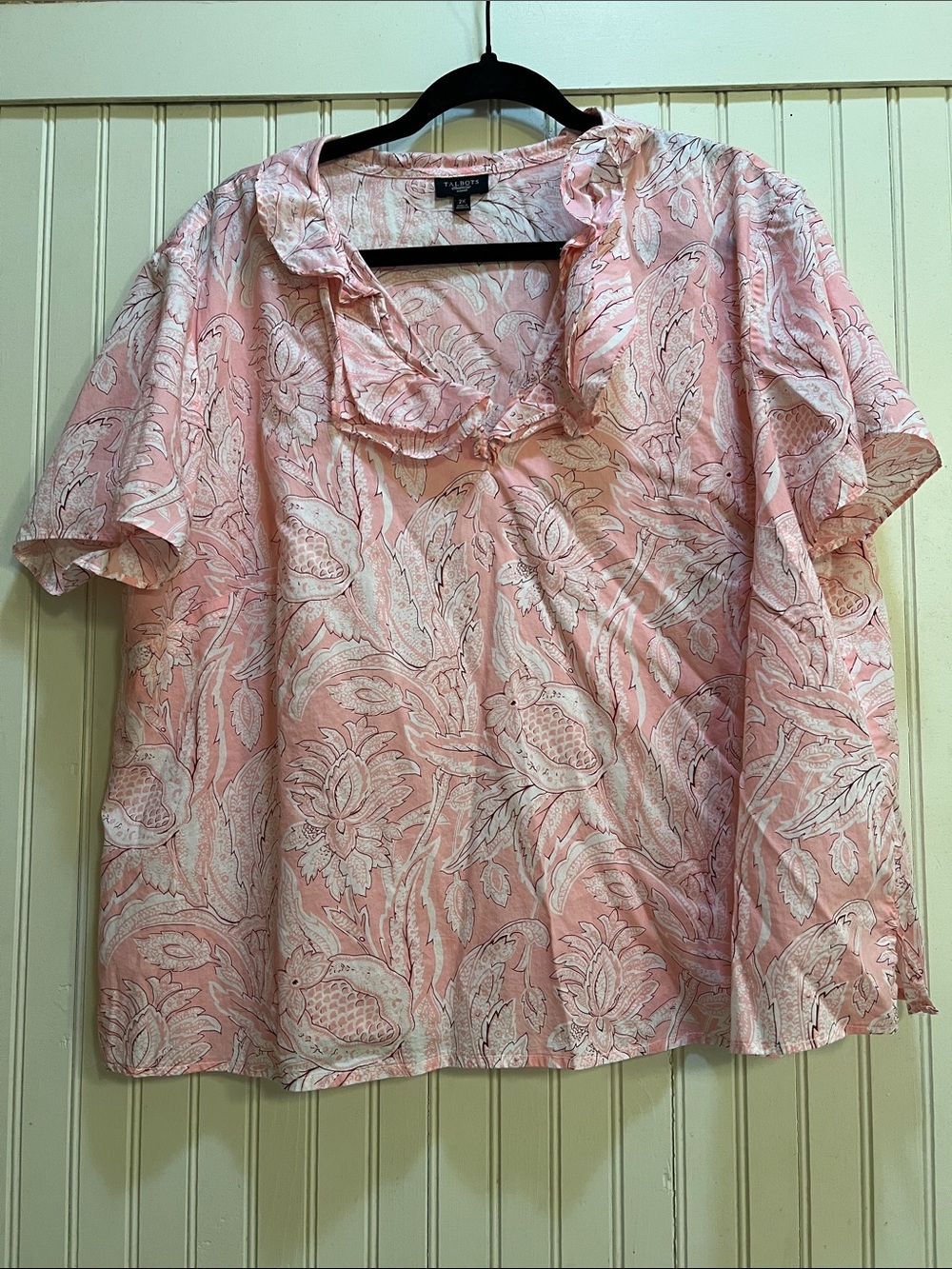 Talbots Pink Paisley Ruffle-Neck Short Sleeve Blouse